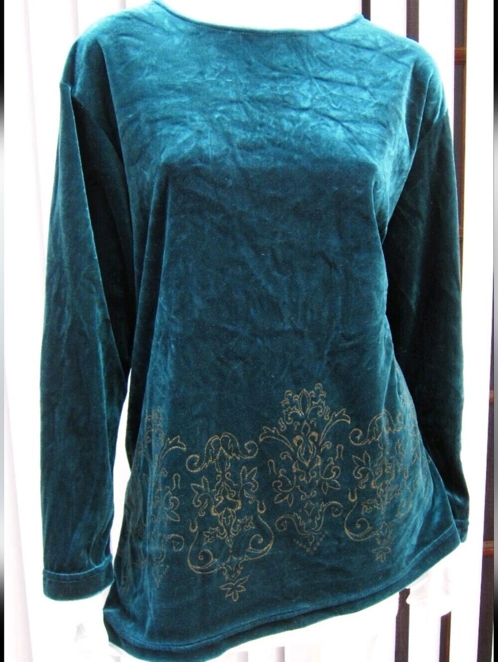 Diane Von Furstenberg Womens Green Vintage Velour Embroidered Blouse Sz L
